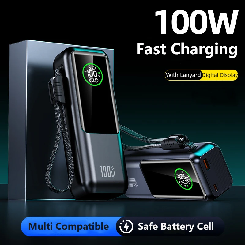 20000mAh Power Bank with Cable PD100W Fast Charging Portable Charger For Laptop iPhone 16 Samsung Xiaomi Powerbank Spare Battery