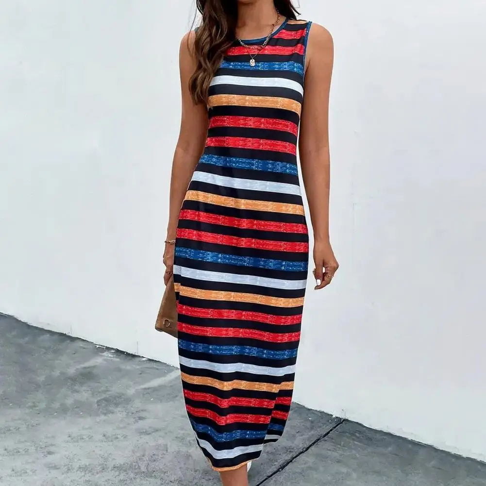 

Sleeveless Sundress Colorblock Striped Sleeveless Midi Dress Chic Versatile Women's Vest Dress for Casual Commute Dating Travel