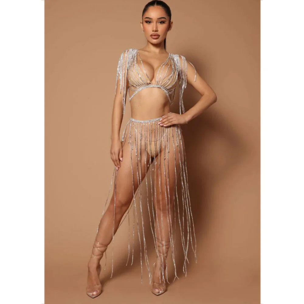 CUIER Super Gorgeous Long Fringe Shoulder Crystal Sexy Bra Top Long Dress Set for Women Rhinestones Accessories for Fashion