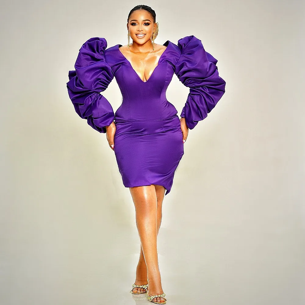 الأرجواني طويلة الأكمام فساتين حفلة موسيقية العميق الخامس الرقبة Ruched فوق الركبة حورية البحر فستان الحفلات المسائية الفتيات فساتين المناسبات الخاصة