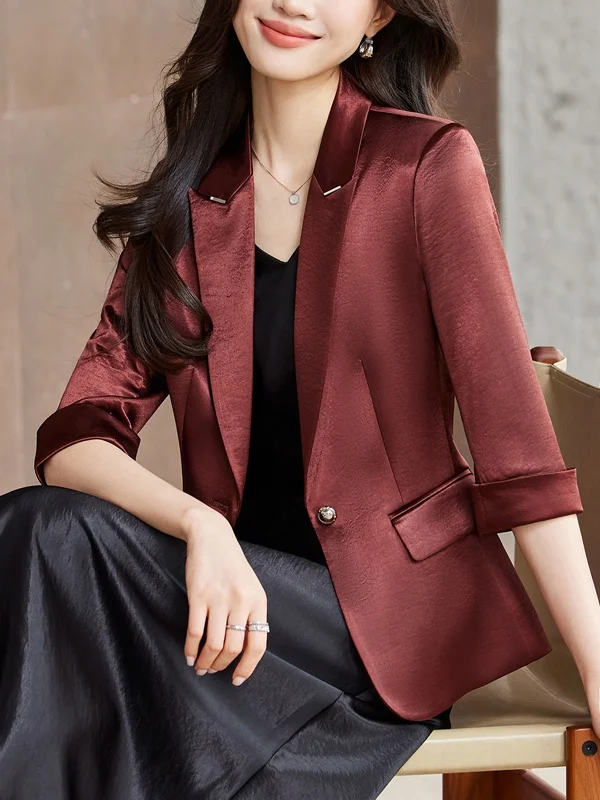 

Wine Red Color Acetate Satin Women's Suit Jacket Short Sleeve Commute Style Fashionable Lightweight Luxury Seven Button Suit Set
