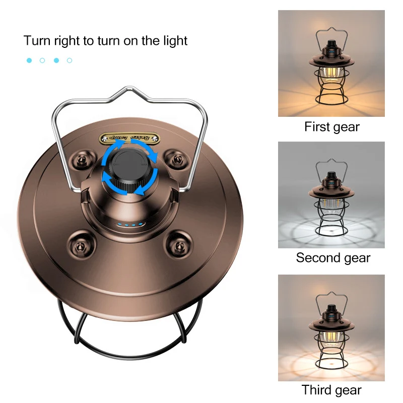 Retro Portable Camping Lantern Lamp Hanging Light 2000mAh 3 Modes Dimmable Flashlight Garden Yard Outdoor Emergency Flashlight