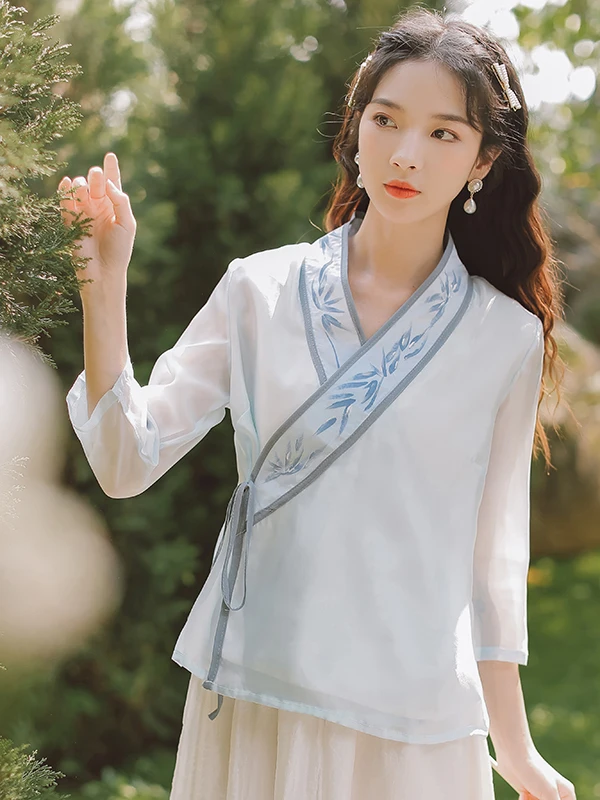 

Весенне-летний женский костюм в стиле ретро: топ-ханьфу с двойным воротником, расписанный вручную, для чаепитий, в стиле тан, больших размеров, для похудения