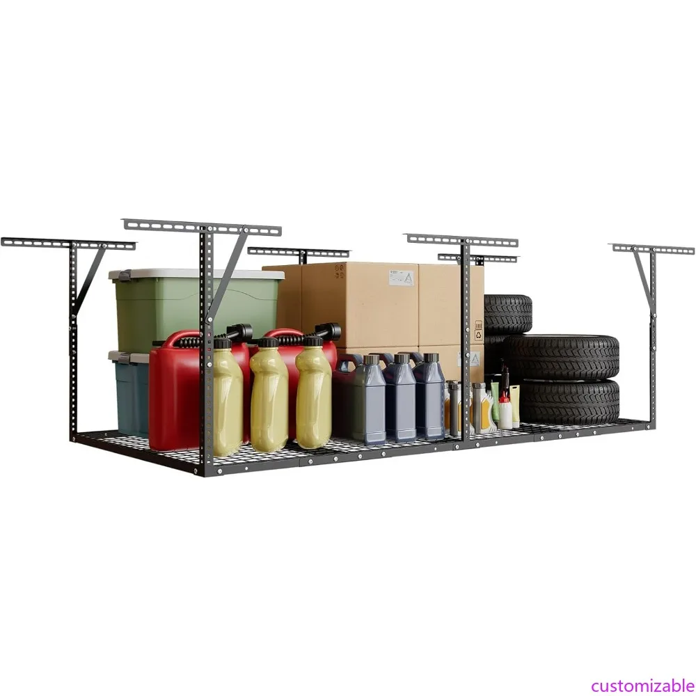

Sturdy Steel Ceiling-Mounted Garage Storage Racks with Triangle Support for Heavy-Duty Use, Adjustable 3x8 Overhead Racks