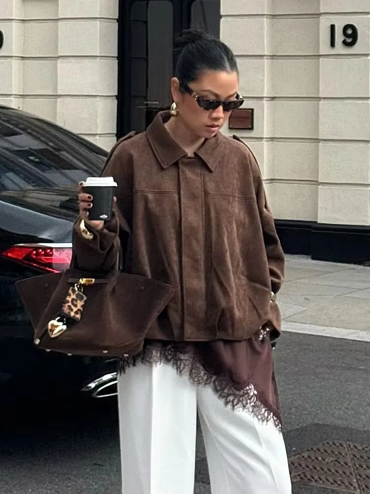 

HH 2025 Осенняя куртка для женщин, модное однотонное замшевое пальто с лацканами и длинными рукавами на молнии, уличное свободное пальто, верхняя одежда