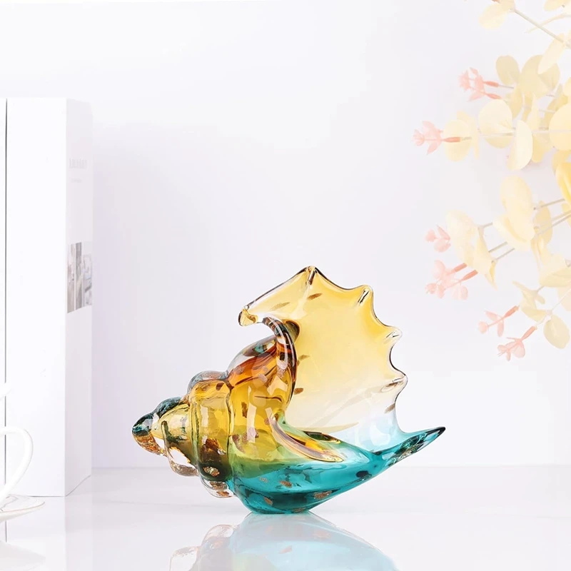 Hand Blown Glass Conch Statue Home Decor With Sea Shells Amber Glass Art Statue Bookcase Decoration