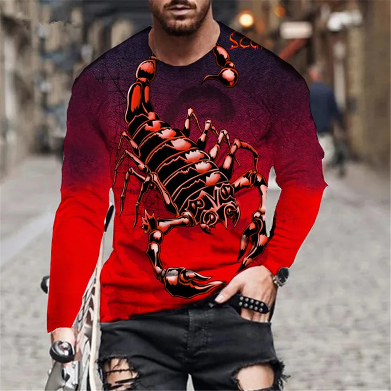 Long Sleeve Round-Neck Fashion Animal Pattern Men\'s T-Shirts Scorpion 3D Print Streetwear Pullovers Tops Loose Casual Man Tees