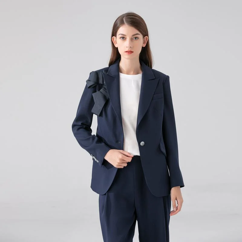 

Современный женский офисный пиджак с одной пуговицей из волокнистой ткани, синий, с объемным кроем
