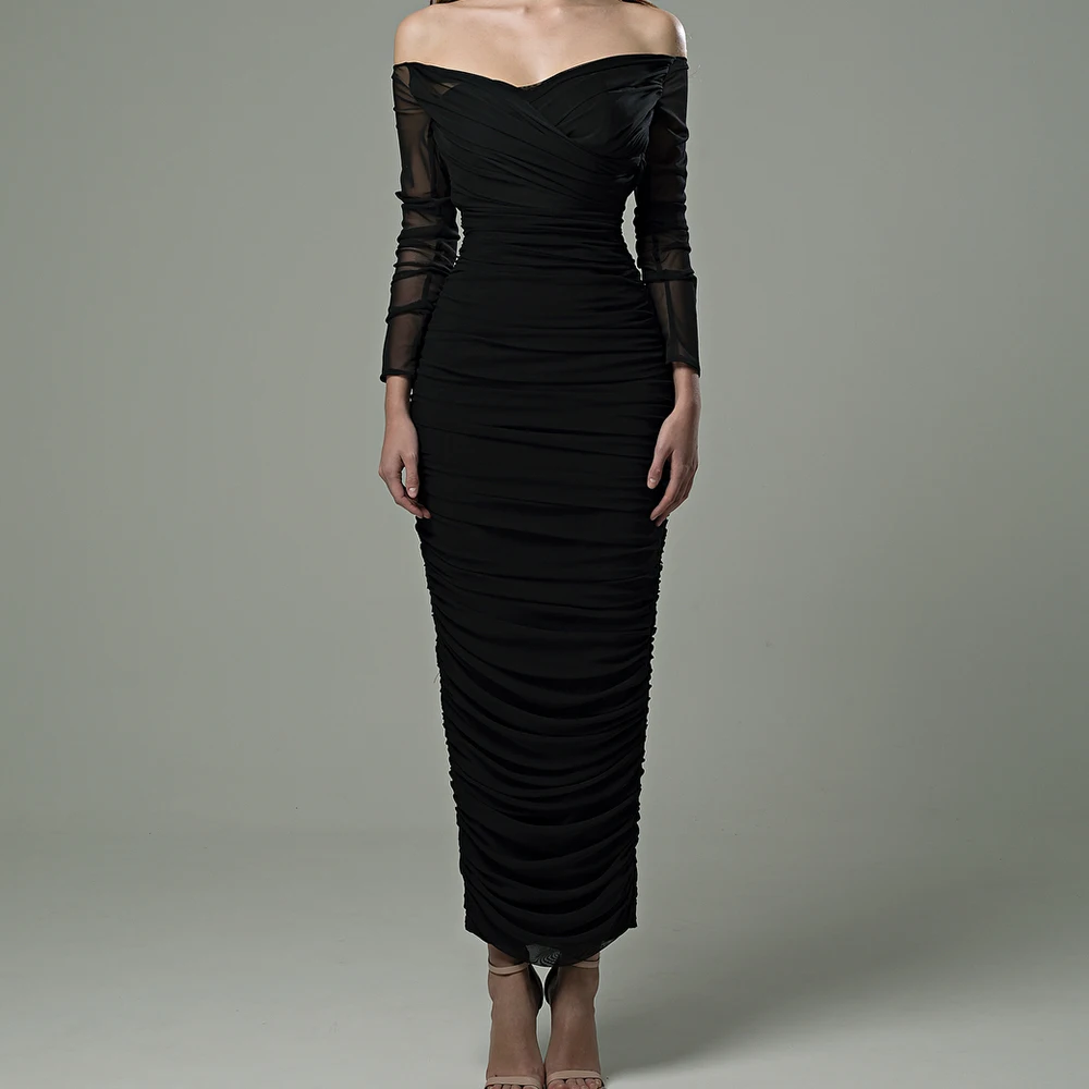 Robe de Soirée en Mousseline de Soie Noire Personnalisée, Col Bateau, Manches 3/4, Droite, pour Célébrité