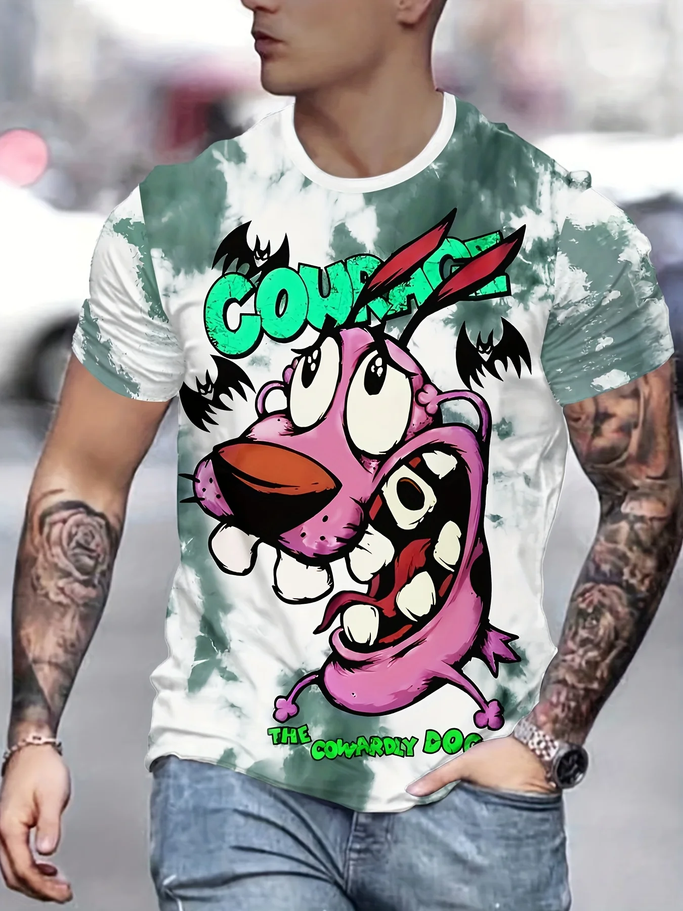 Men Courage The Cowardly Dog T-Shirt, Tie Dye Cartoon Character Print Short Sleeve Crew Neck Graphic Tee