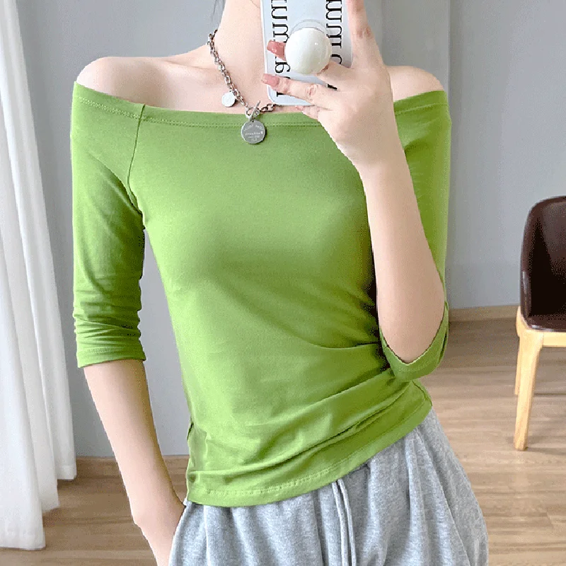 2023 Summer Slash Neck Crop Tops T Shirt Womens Sexy Off Shoulder T Shirts For Women Casual Half Sleeve Cotton Tee Shirt Femme