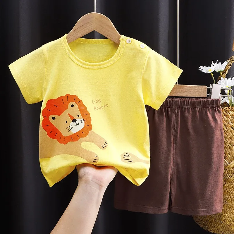 6-12months Kids Sleeve Outfits T-shirt+shorts 2pcs Cartoon Cars Animals Sets Pure Cotton  O-neck Casual  Unisex Children Clothes