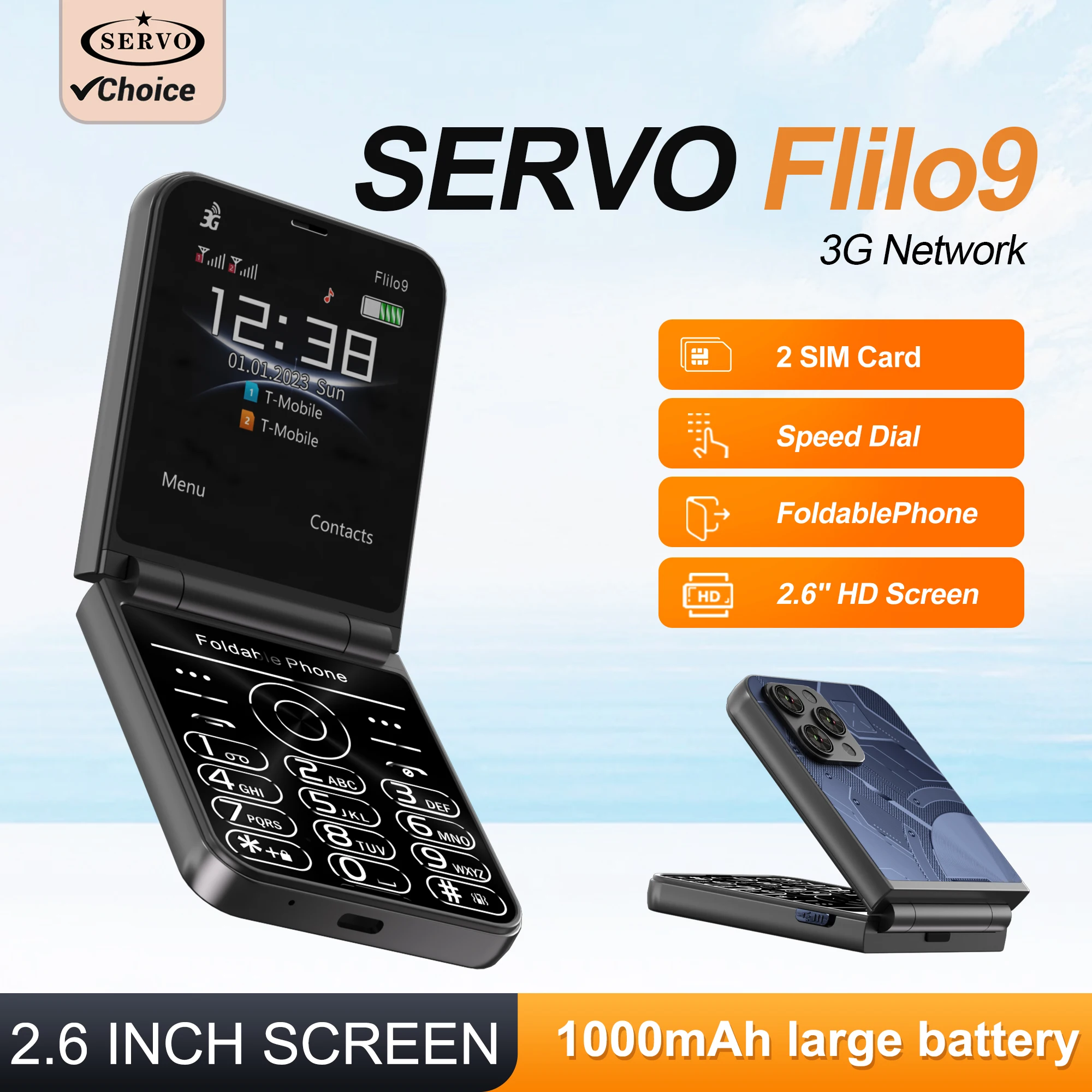 SERVO Flilo9 Foldable Mobile Phone 3G Network Speed Dial Call Recording FM Radio Flashlight 2 SIM Standby Flip Button Cellphones