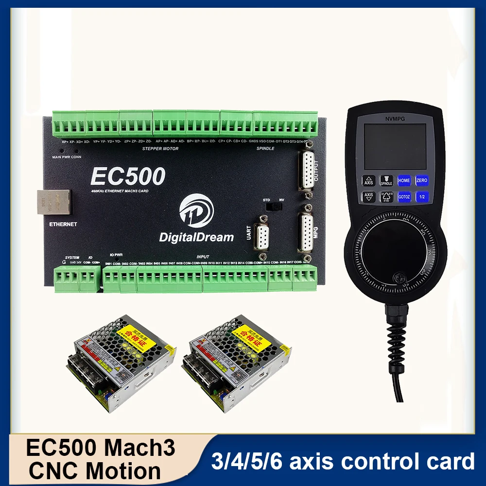 EC500 460Khz /4/5/6 Axis Mach 3 CNC Motion Controller With NVMPG Pendant For CNC Router Milling Router With 75w power supply