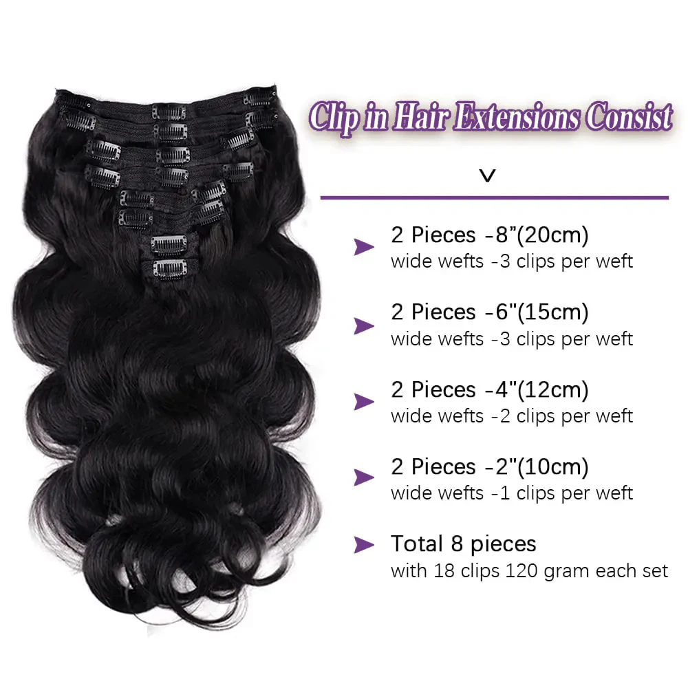 Clip In Hair Extensions Body Wave 8Pcs Clip In Human Hair Extensions Natural Black Remy Skin Weft Hair Extensions For Salon