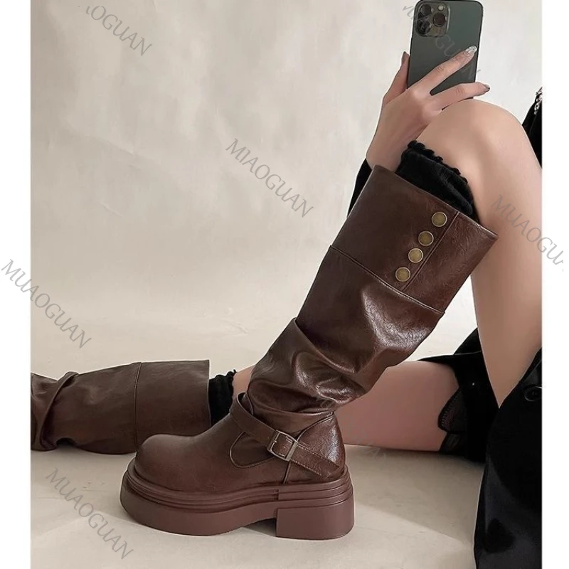 Women's Korean-style Knee-high Boots, Synthetic Leather, Platform And Thick Heel, Motorcycle Style_voghion.com