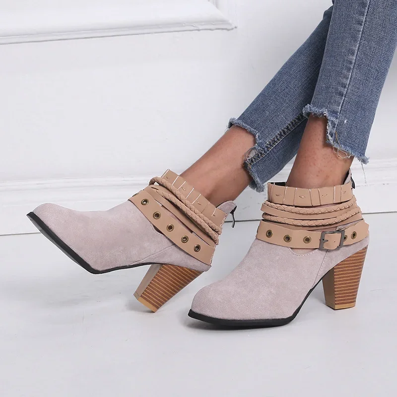 Botines tobilleros de tacón alto con cremallera en la espalda para mujer, botas cortas con hebilla, zapatos cómodos con suela de goma a media pantorrilla para verano adulto