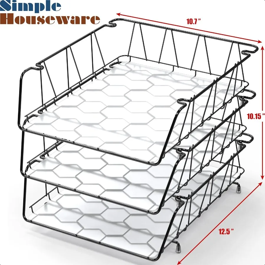 Простая посуда, штабелируемый настольный лоток для документов, писем с проволочной сеткой-вкладышем, 3 упаковки, черный