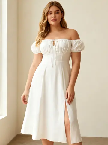 New French Plus Size Off-The-Shoulder Slit Hem Long Dress White Strapless Elastic Back Elegant Party Wedding Guest Woman Dresses