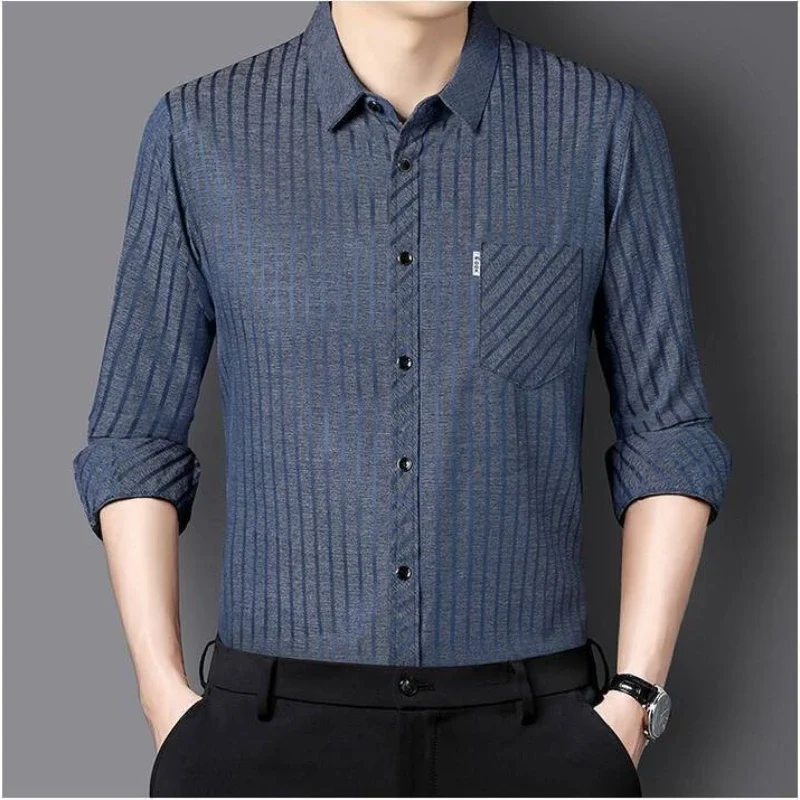 Camisas masculinas de negócios de seda amoreira de alta qualidade sem ferro listra elástica camisa de manga longa roupas masculinas marca de luxo topos de alta qualidade