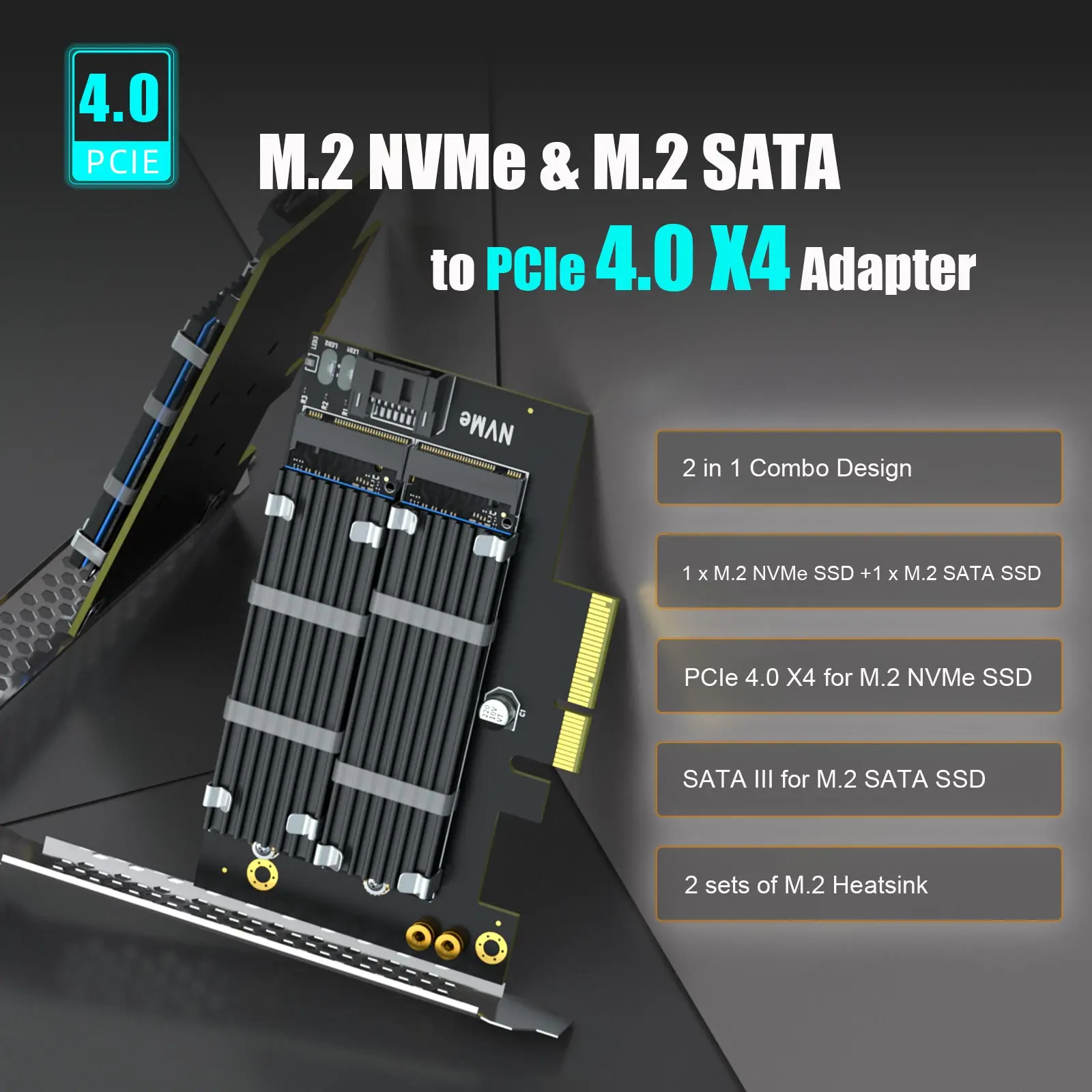 M.2 PCIe Adapter for One M.2 NVMe SSD and One M.2 SATA SSD, Including 2 Sets of M.2 Heatsink