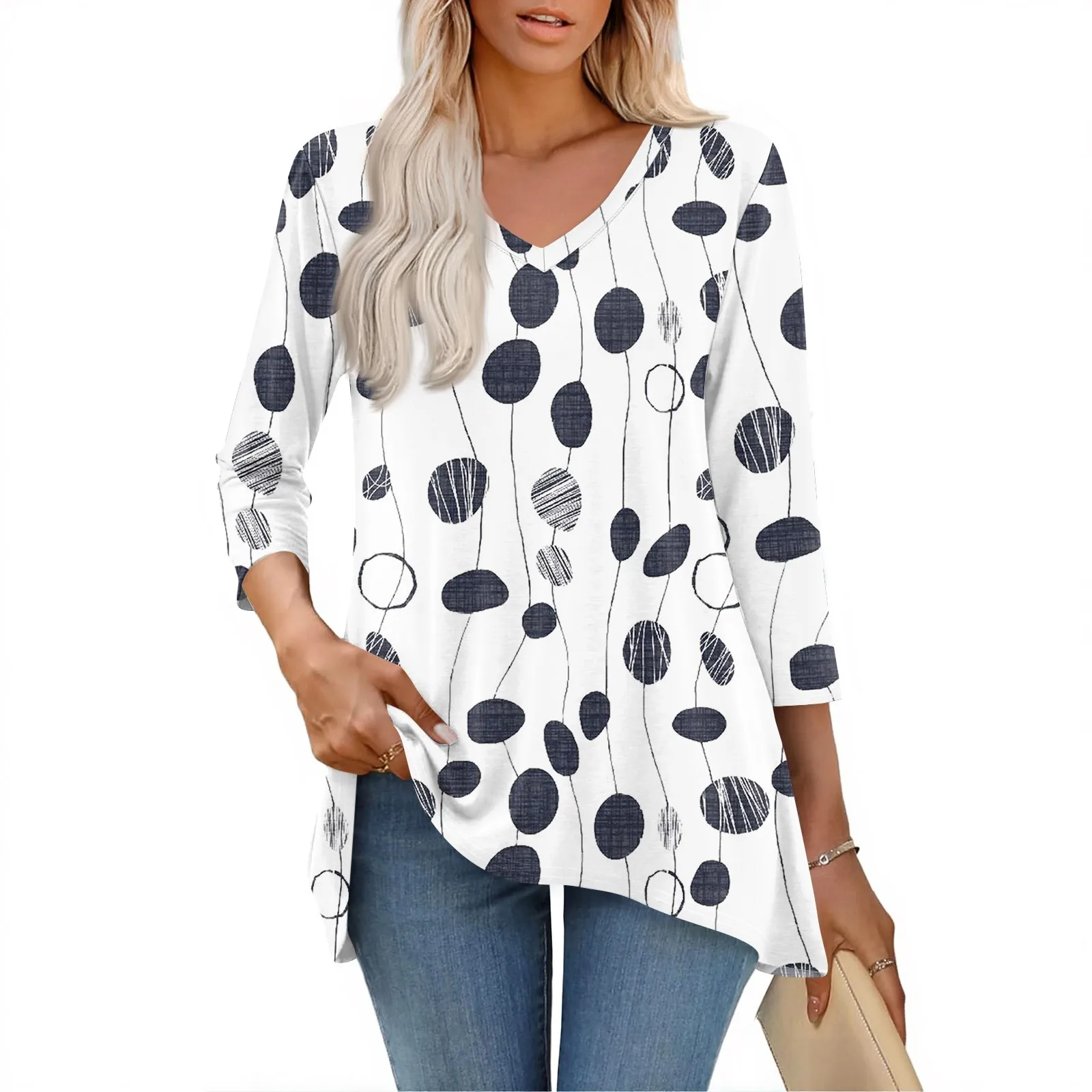

3/4 Sleeve Tunic Tops for Women Loose Fit Dressy Casual Blouses V Neck T Shirt with Asymmetrical Hem Womens Top Mid-length Shirt