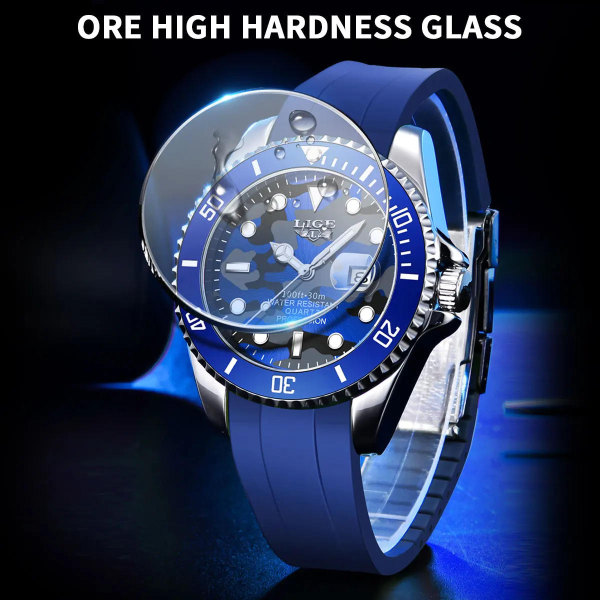 LIGE Navy Blue Camouflage Men Watch Sports Silicone Waterproof Quartz Wristwatches Luminous Male Clock Relogio Masculino+Box