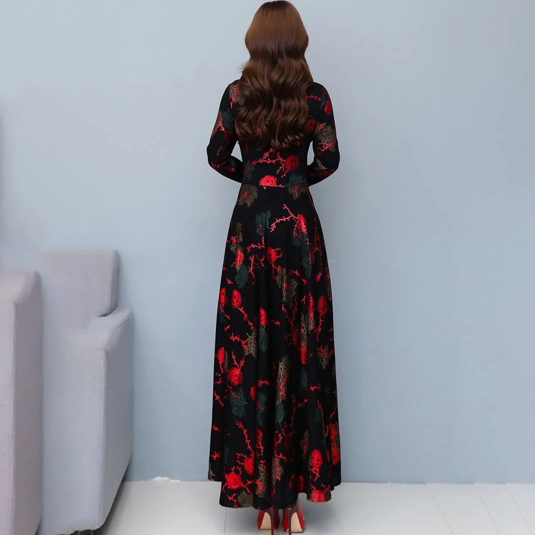 Otoño Invierno nuevo vestido de manga larga estampado bronceado con cuello en V mujeres gran Swing longitud media hasta el muslo que cubre vestidos de noche adelgazantes