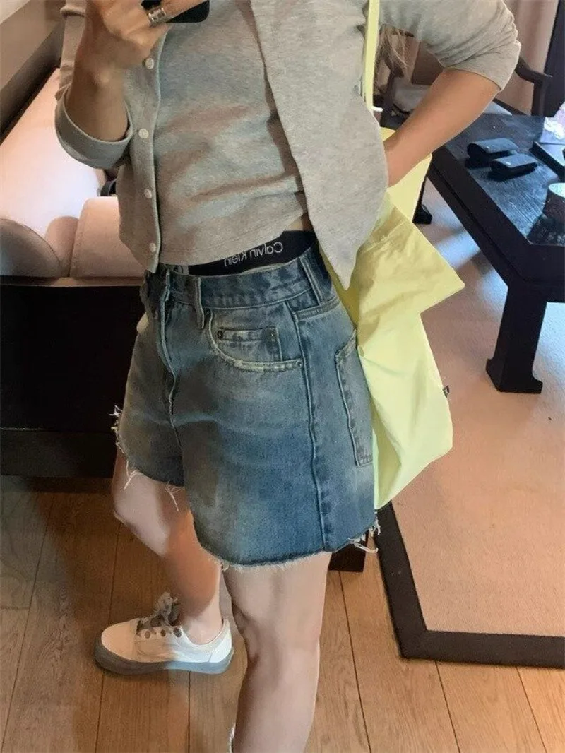 High Waist Denim Shorts Women Fur-lined Wide Leg Vintage American Style Spicy Girls Classic All-match Loose Ins Do-old Stylish