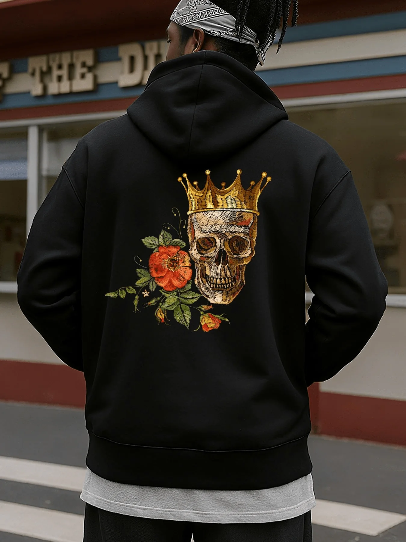 PLUS Size 1pc Men'S Day of The Dead Skull & Floral Print Hooded Mexican Gothic Graphic Pullover with Crown And Floral Design Machine Washable Lightweight Winter