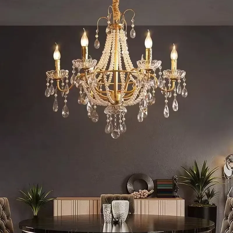 French Crystal Pearl Chandelier American Mid-ancient Light Fixtures for Villa Living Room Dining Room Bedroom Hotel