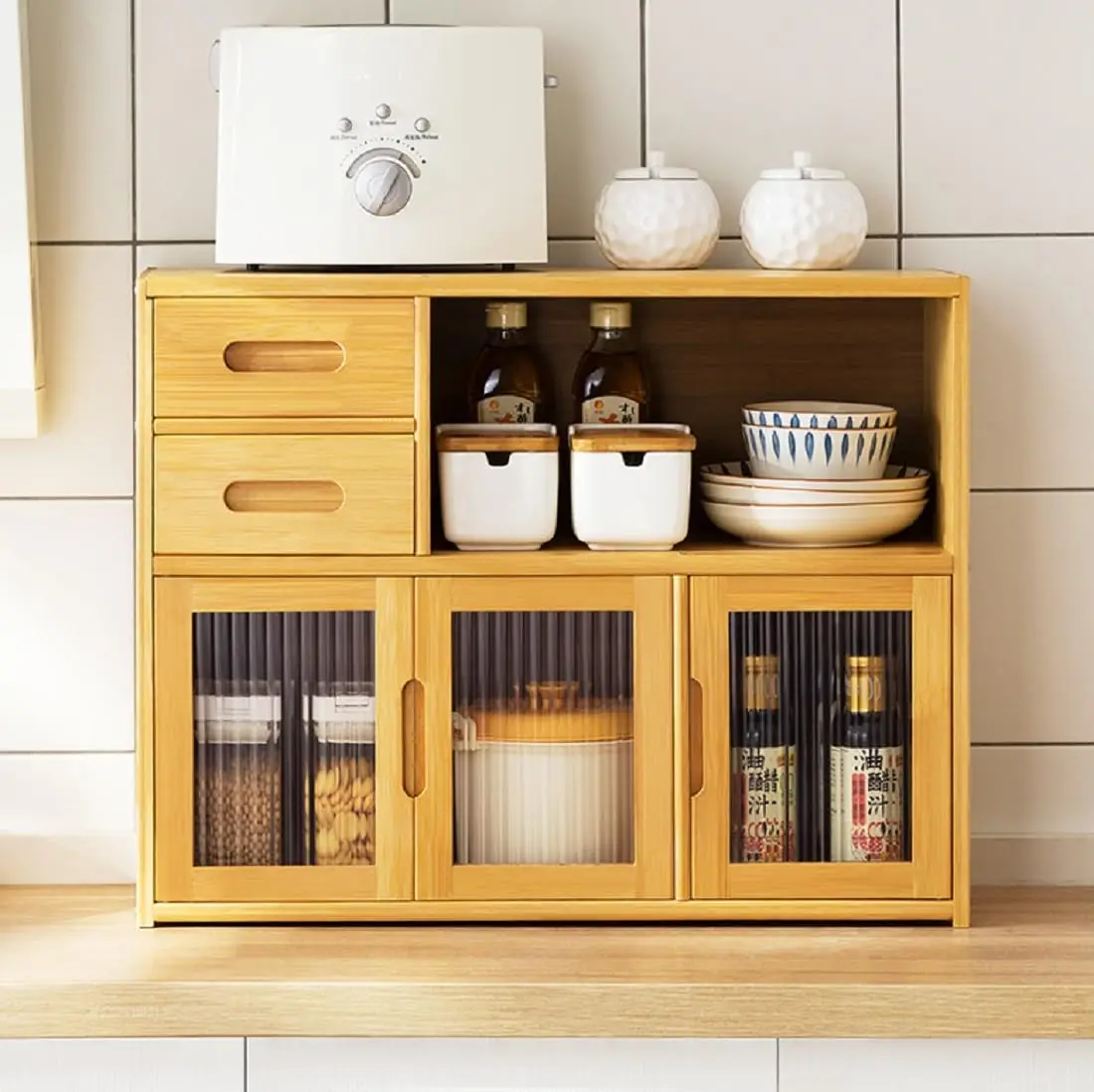 

Шкаф для хранения на бамбуковой столешнице, сервант для кладовой с 2 ящиками и акриловыми дверцами, небольшой обеденный шкаф для кухни, столовой Ro