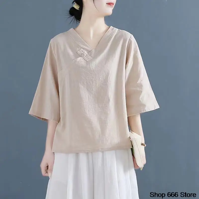 Chemise en lin de coton pour femmes, vêtements d'été, style chinois vintage, robes élégantes, vêtements traditionnels, haut à manches longues, col en V