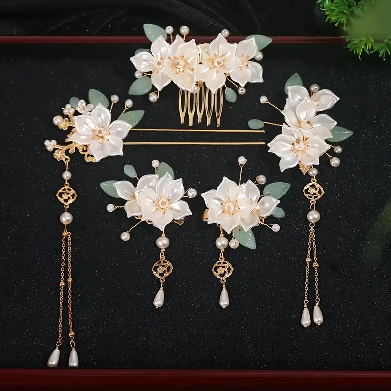 

5-piece set featuring vintage floral and tassel designs, handmade Hanfu hair accessories, elegant classical style artificial flo