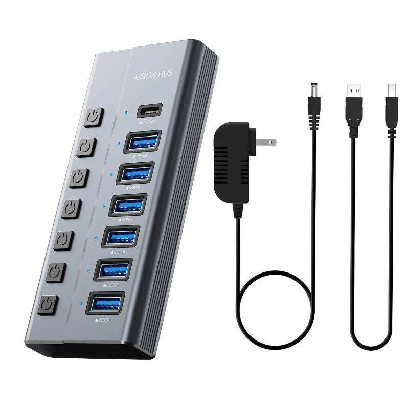 7 Port USB 3.0 Hub Aluminium Alloy USB Docking Station Splitter Split Switch with 12V Power Adapter for Macbook Phone Tablets