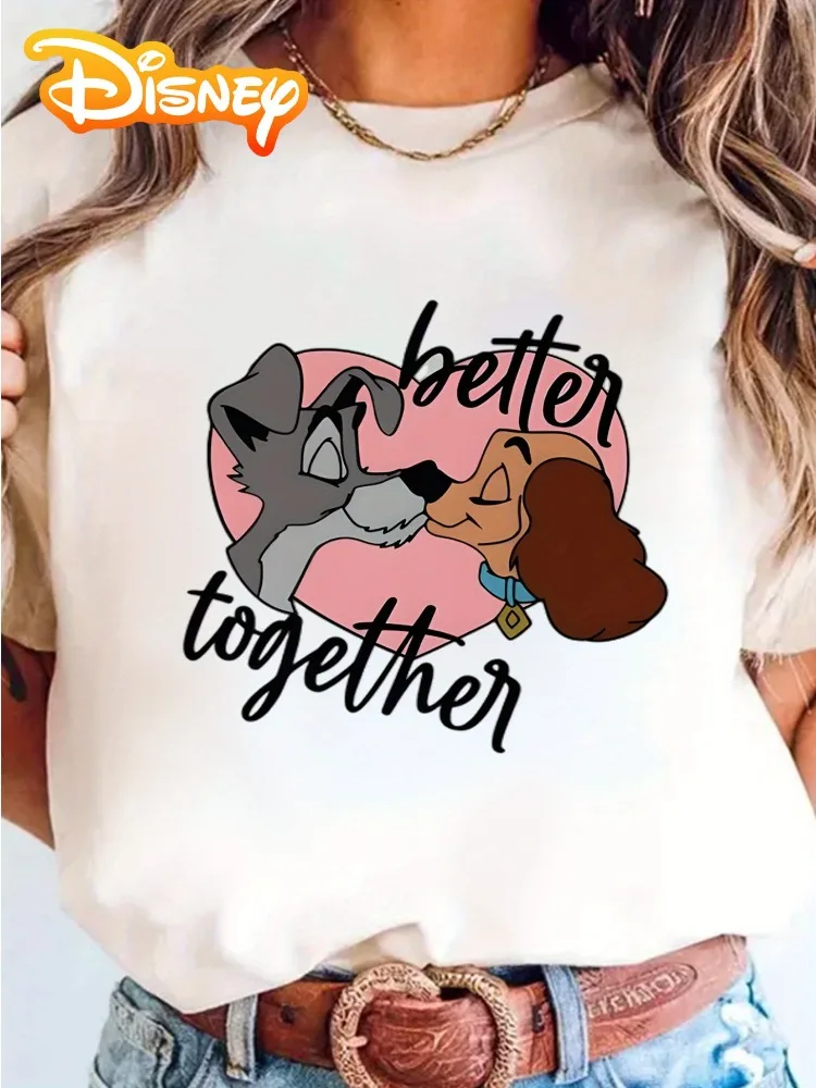 تي شيرت ديزني النسائي Better Together Wolf Love برقبة دائرية وأكمام قصيرة وطباعة الذئب والقلب كاجوال هدية مثالية للأزواج #1
