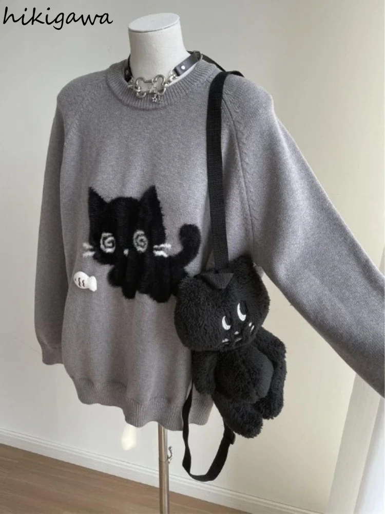 

Cat Cute Sweater for Women Pull Femme Fashion Korean Jumper O-neck Casual Knitted Thicked Oversized Pullovers Tops Sueter Mujer