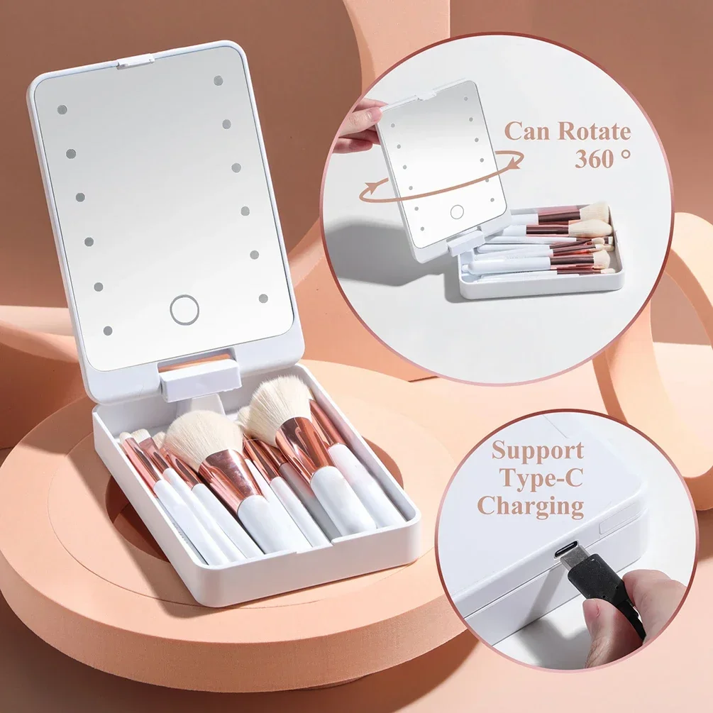 Private Label Travel Makeup Brush Kit with Lightable Mirror Custom Logo Soft Bristles Smudge Tool Cosmetic Box Makeup Wholesale