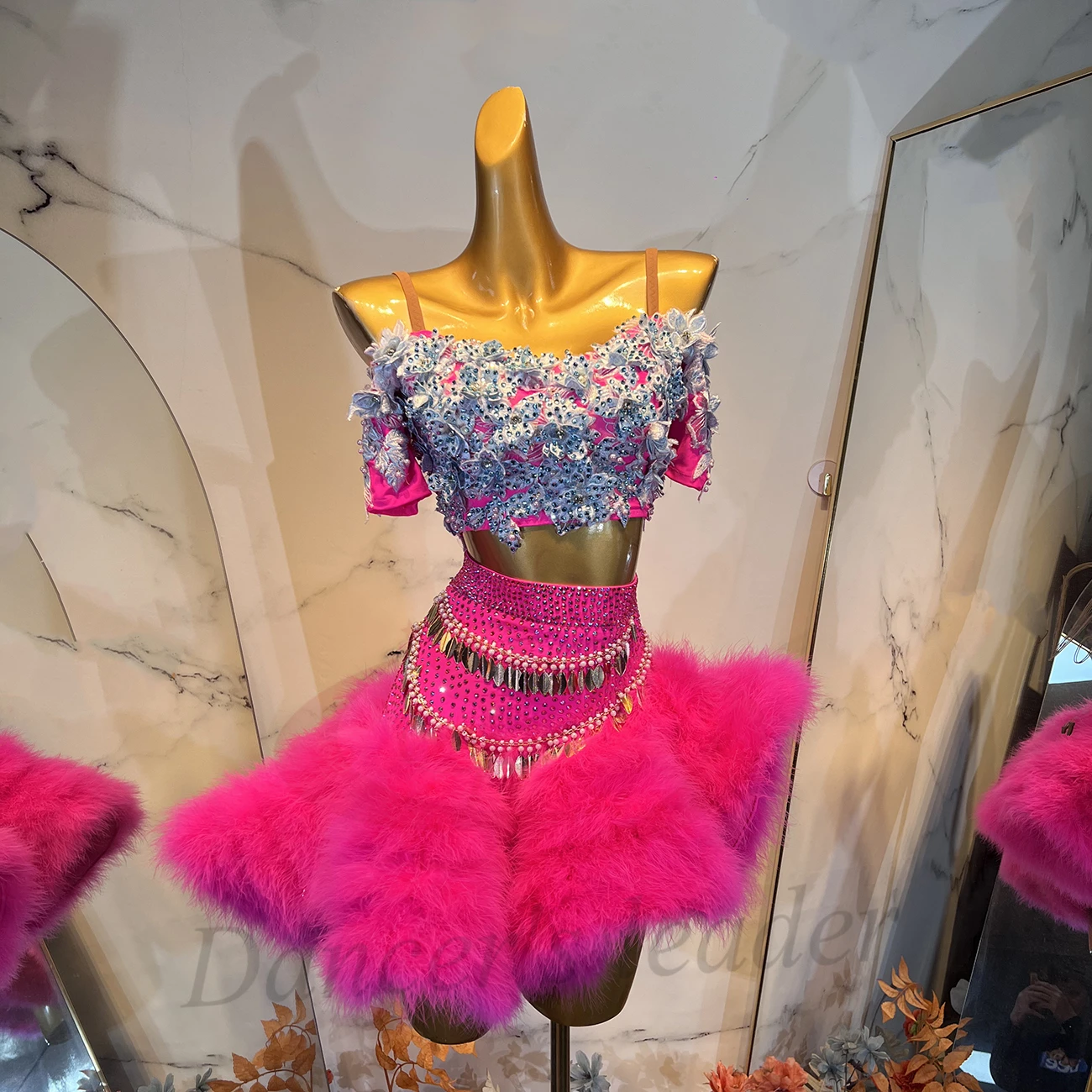 Latin dans volwassen kinderjurk strass high-end aangepaste bloem split pluche rok tango dameskleding