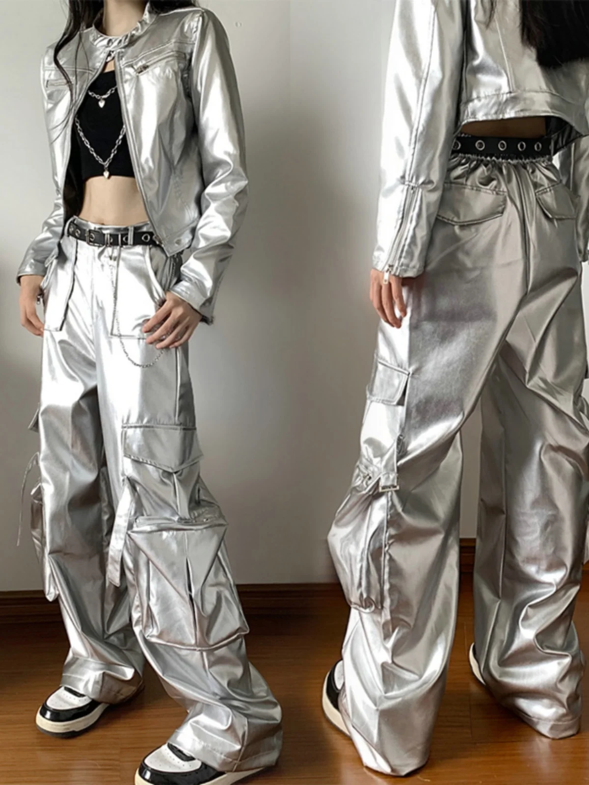 Silver Jaet Motorcycle Cool Haome Set Jazz Dance iny Outerwear Women's Faion Autumn 2025 Sequin Material