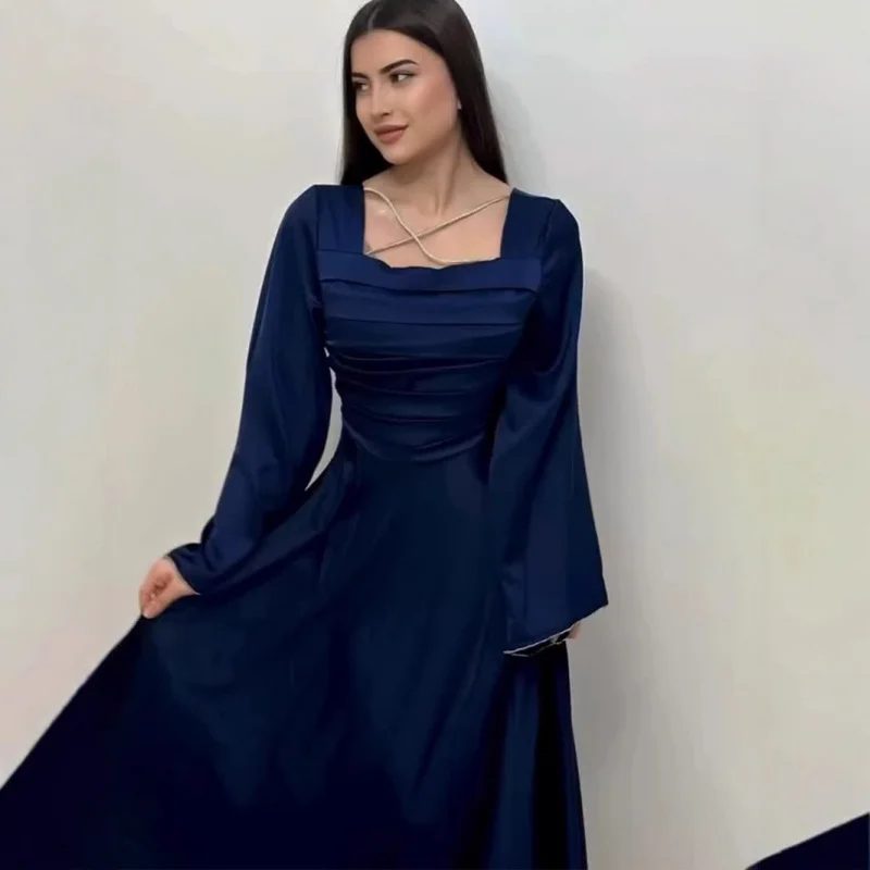 

2025Spring Design Sense Rhinestone Strap Long Sleeve Satin Dress for Women