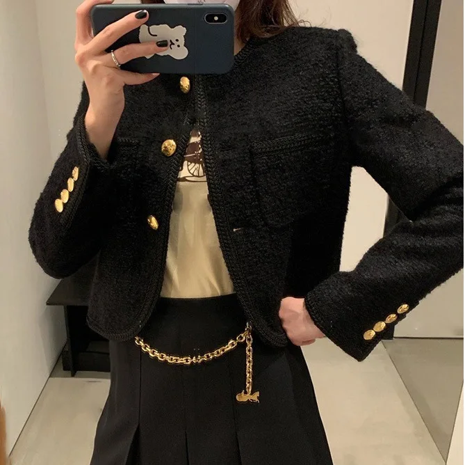 Temperament Retro Woven Short Coarse Tweed Small Fragrant Coat for Women