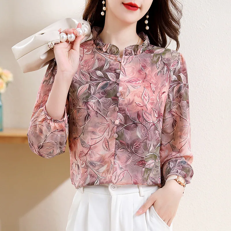 Modna koszula damska w stylu koreańskim z długim rękawem i nadrukiem z szyfonu
