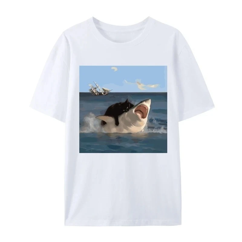 New Arrival Mens Tee Shirt T-Shirts Men Tshirt for Men Cat Bites Shark Fun Art and Cat Lovers Fun Cat and Shark Print