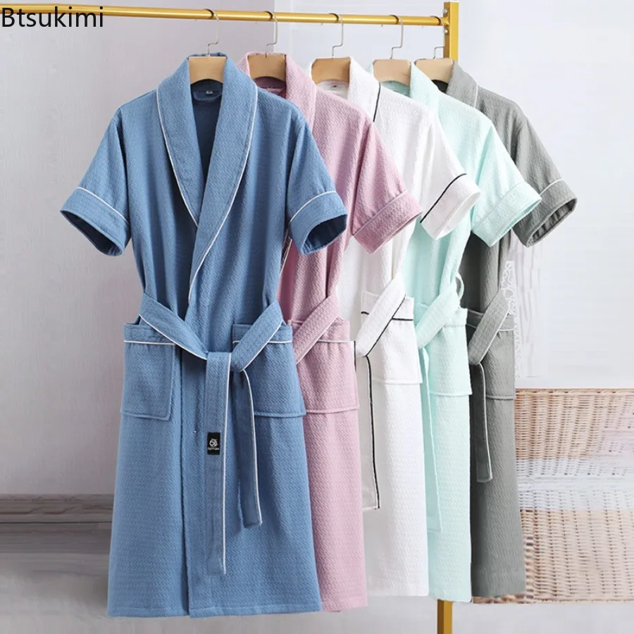 New 2026 Summer Couple's Pure Cotton Gauze Robes Thin Short Sleeves Bathrobe Nightgown Home Service Solid Color Hotel Bathrobe