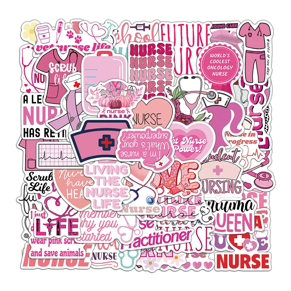 50PCS Creative Pink Nurse Cartoon Creative Calligraphy Academy Style Stickers Handbooks Decoration Waterproof Stickers