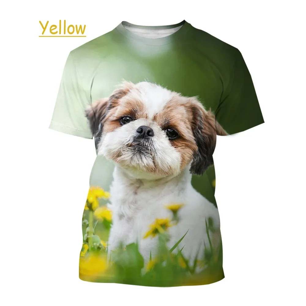 Men's and women's casual loose T-shirt, Shih Tzu 3 dog print T-shirt, breathable, soft and comfortable