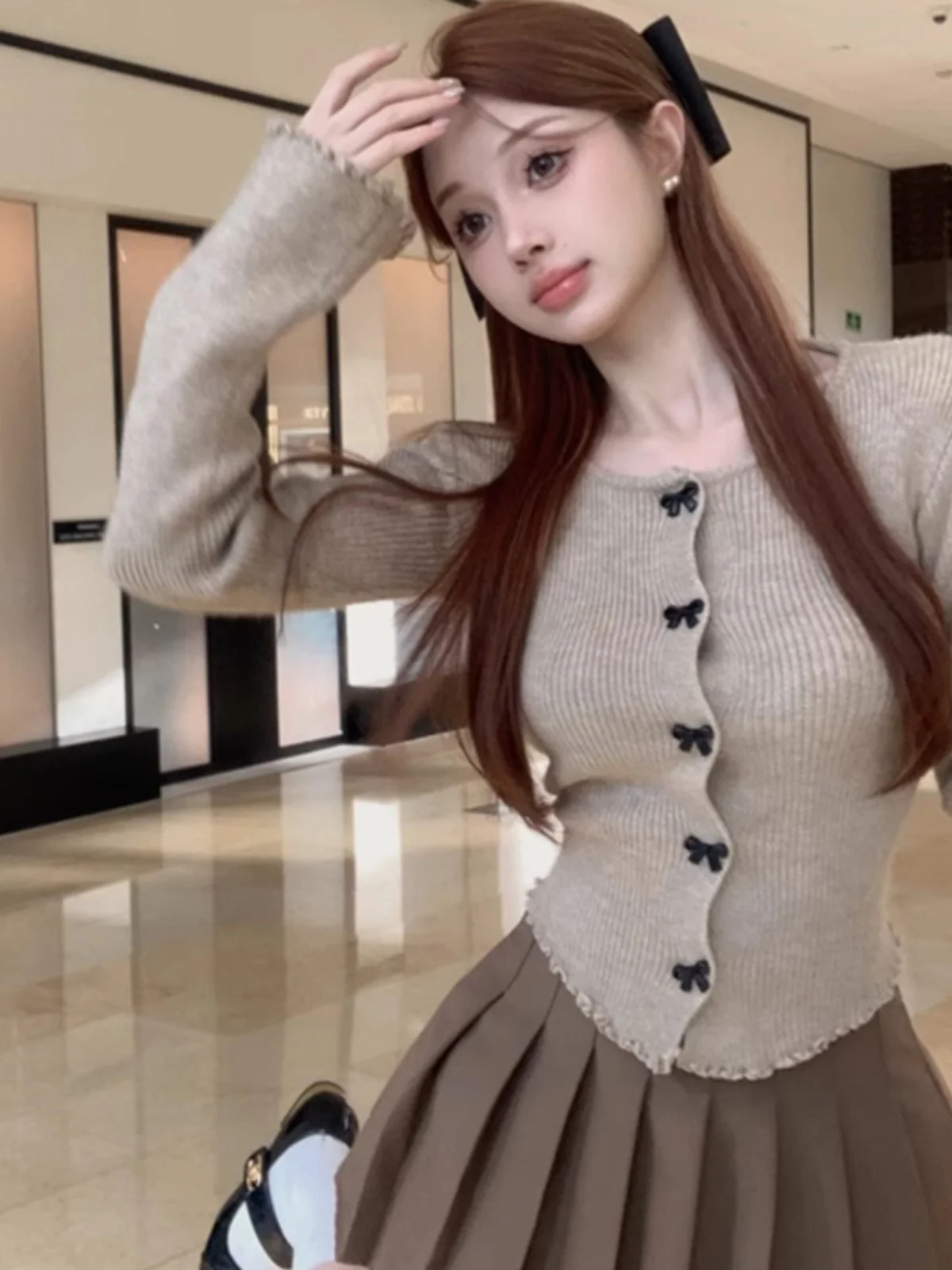 

Retro Autumn Winter Slimming ort Sve Long irt Women's Inner Wear with Pleated Skirt Two Piece Set Faionable And...