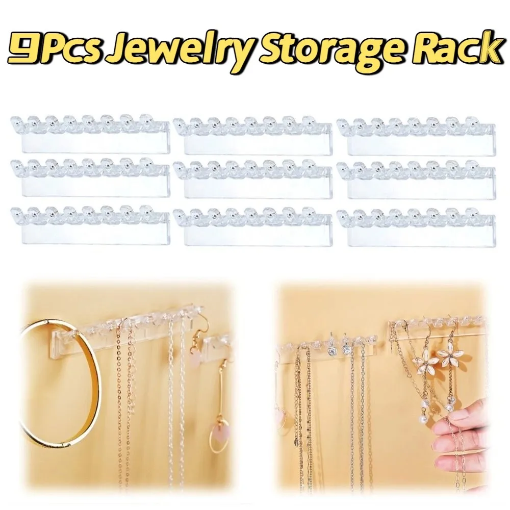 9Pcs 8 Hooks Necklace Holder Transparent Wall Mounted Earrings Necklace Organizer Non Perforated Space Saving