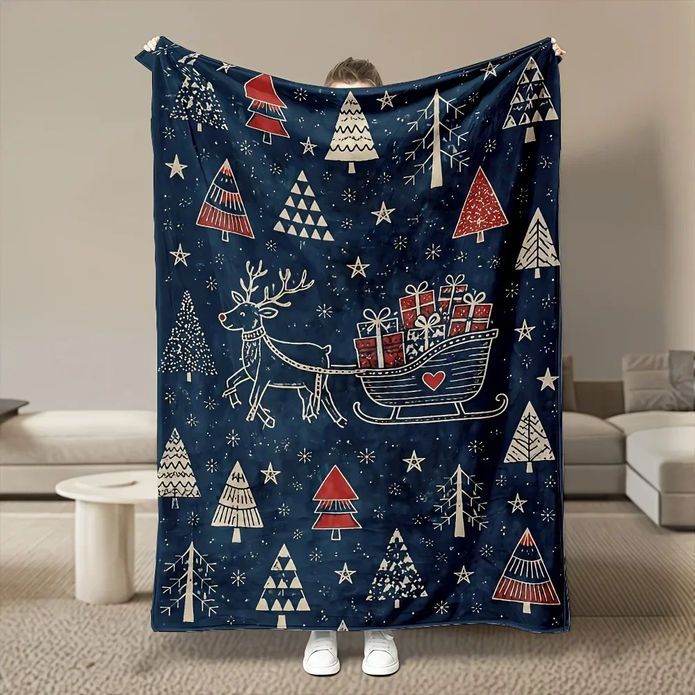 Minimalist Indigo Christmas Reindeer Sleigh Print Throw Blanket Winter Tree Snow Star Pattern Soft Warm Blanket for Home Indoor